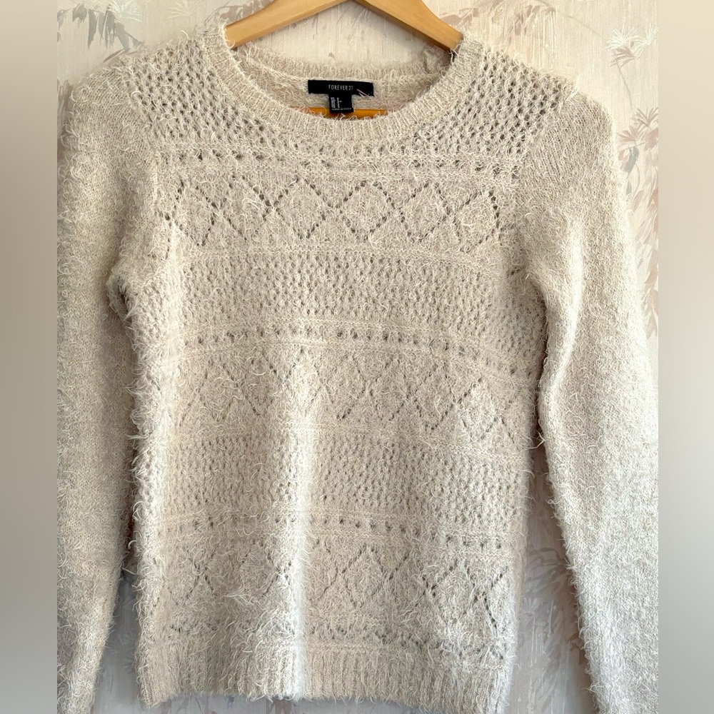 Forever 21 Cream Open Pointelle Fuzzy Eyelash Knit Diamond Pattern Sweater Small
